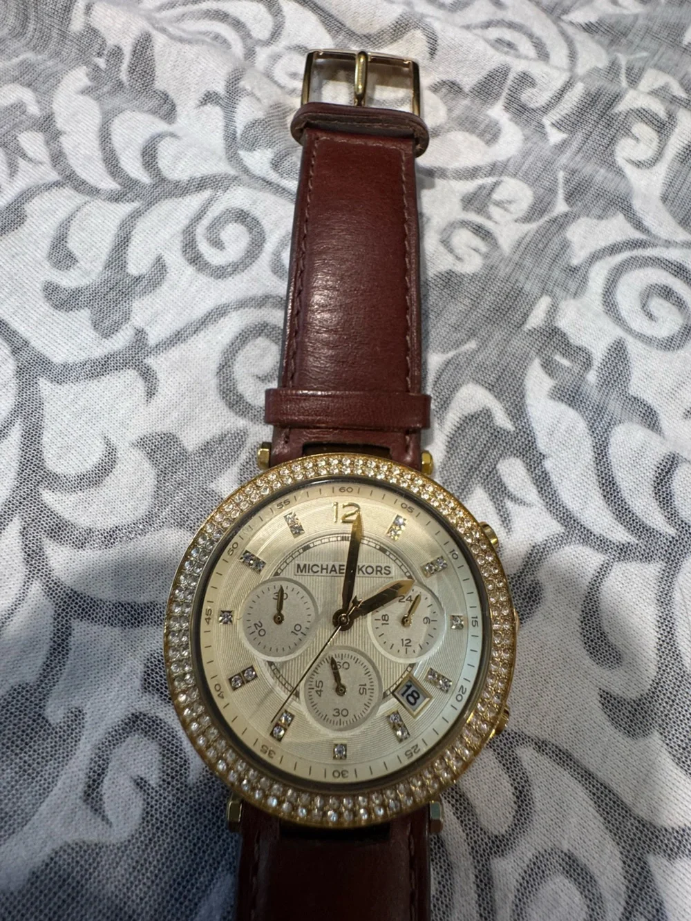 Michael Kors Gold-Tone Crystal Bezel Watch with Brown Leather Strap